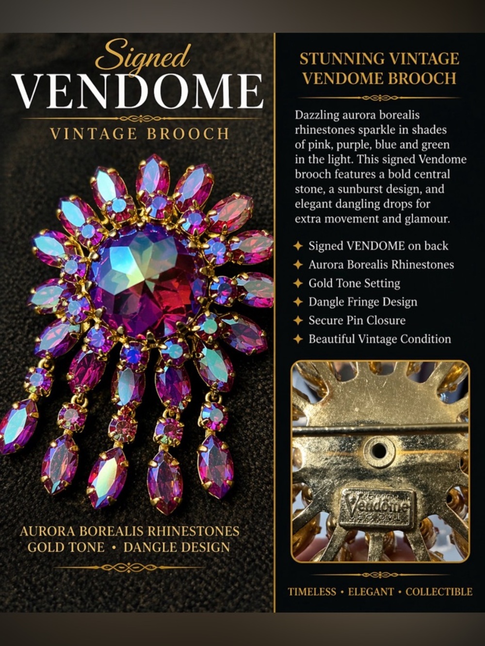Signed Vendome Vintage Aurora Borealis Rhinestone Dangle Brooch Gold Tone 🧷